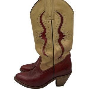 FRYE Two-Tone Western Cowboy Boots Red Lizard Leather Classic Design Size 7B